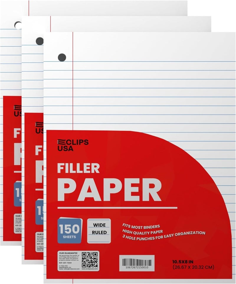 VEEBOOST Graph Paper Wide Ruled Loose Leaf Paper Wide Ruled Notebook Paper Lined Writing Filler Paper 10.5” x 8” 56 gsm 450 Sheets 150 Sheet Per Pack (3 Pack) - Image 1